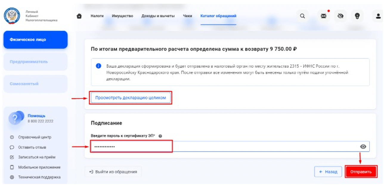 Отправка декларации